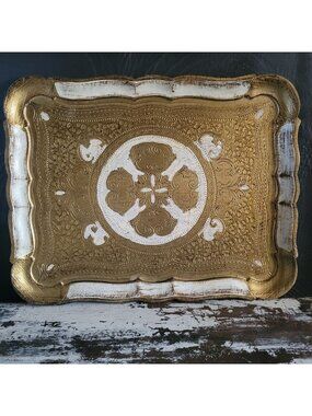 Vintage Rectangular Italian Florentine Gold & White Plastic Tray 16.375 "x 13"